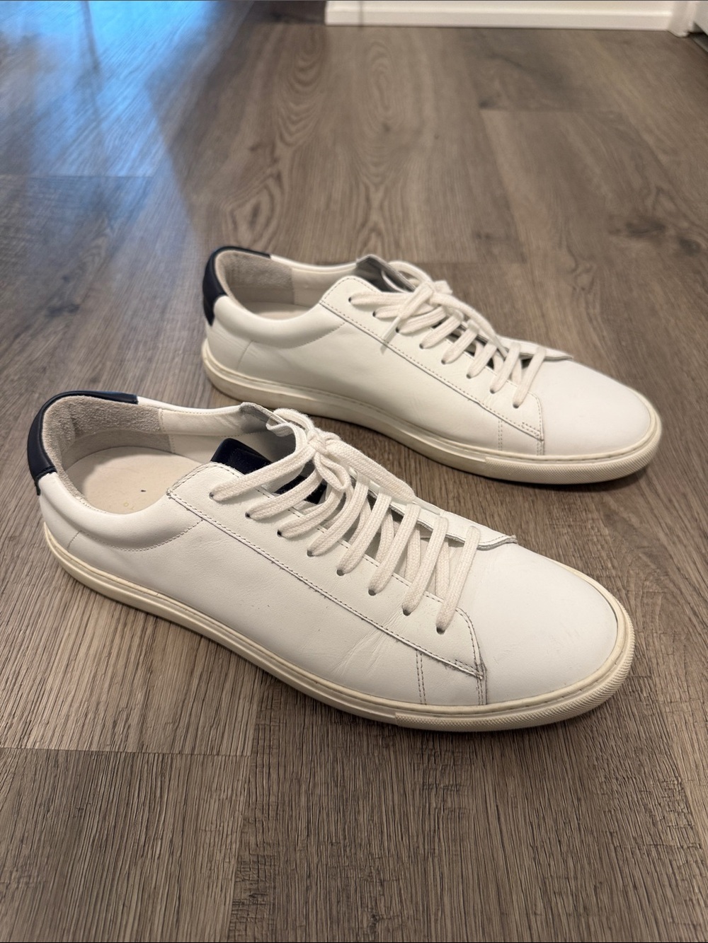 Oliver Cabell White Leather Low-Top Sneakers with Navy Heel
